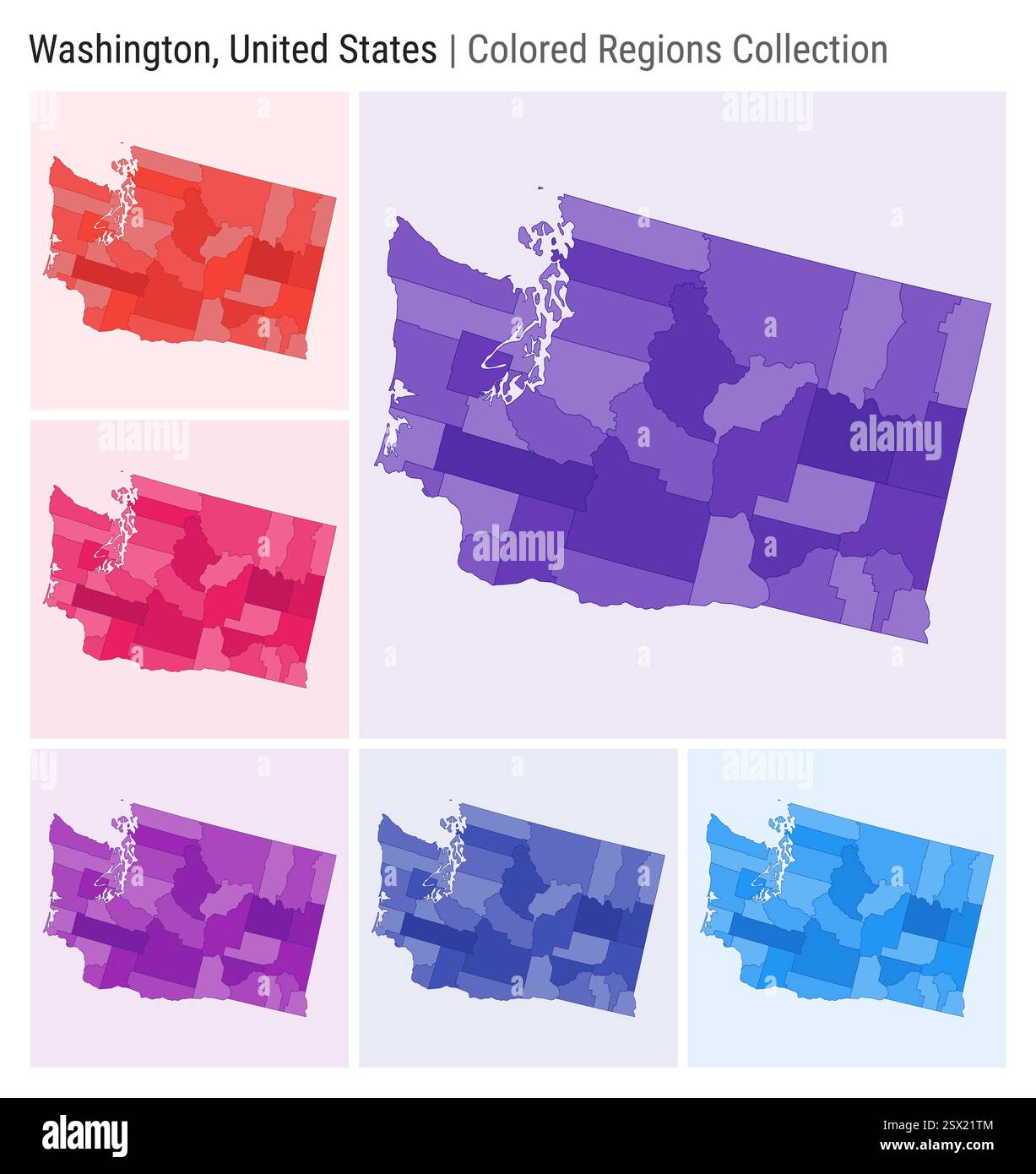 Washington, Stati Uniti. Raccolta mappe. Stato forma. Contee colorate. Viola intenso, rosso, rosa, viola, indaco, tavolozze di colore blu. Illustrazione Vettoriale