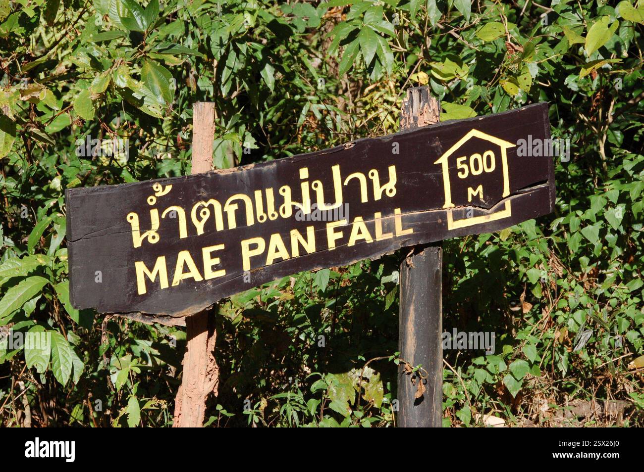 Un cartello direzionale in legno con scritte gialle in thailandese e inglese guida i visitatori alla cascata di Mae Pan, che si fonde naturalmente nel lussureggiante ambiente circostante Foto Stock