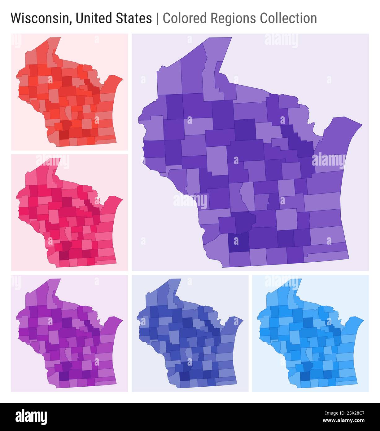 Wisconsin, Stati Uniti. Raccolta mappe. Stato forma. Contee colorate. Viola intenso, rosso, rosa, viola, indaco, tavolozze di colore blu. Illustrazione Vettoriale