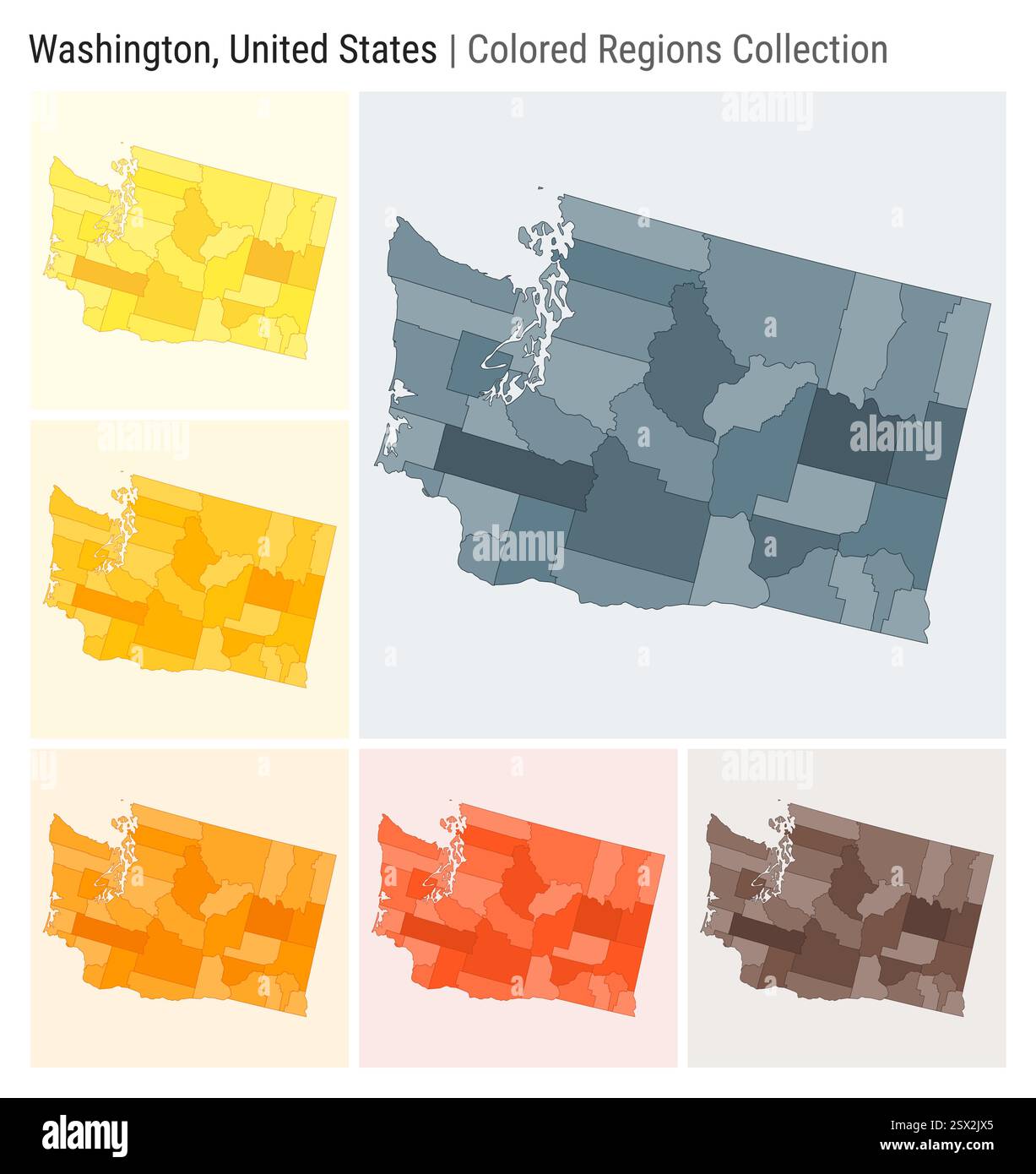 Washington, Stati Uniti. Raccolta mappe. Stato forma. Contee colorate. Blu grigio, giallo, ambra, arancione, arancione profondo, tavolozze di colore marrone. Illustrazione Vettoriale