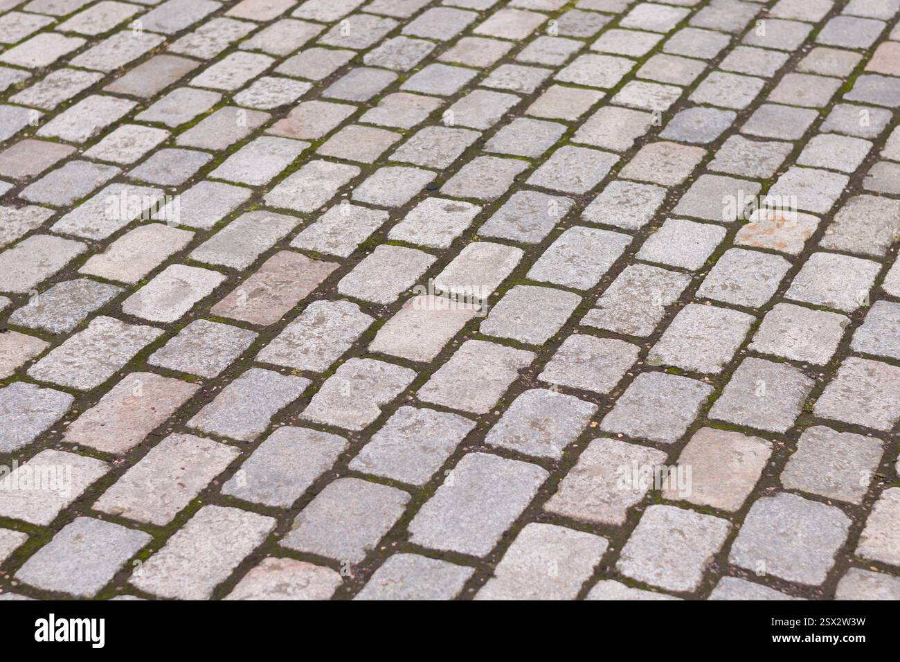 Blocchi di pavimentazione rotondi grigi vintage in una strada del Regno Unito. Sfondo full frame, texture o pattern Foto Stock