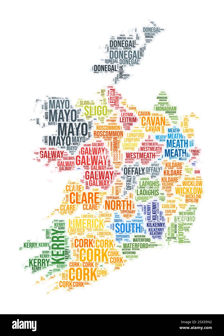 Cloud di parole della regione dell'Irlanda. Design a forma di paese. Illustrazione a colori per l'Irlanda. Fumetto collage nomi regione. Illustrazione vettoriale. Illustrazione Vettoriale