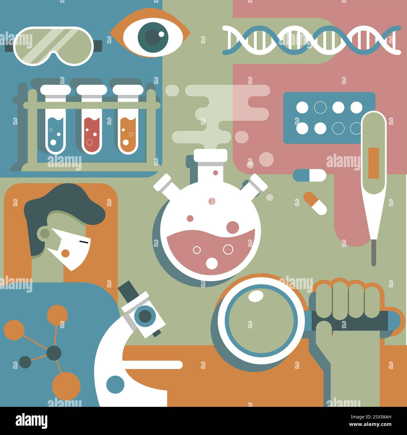 Ricerca farmacia e formulazione di farmaci - illustrazione delle scorte come file EPS 10 Illustrazione Vettoriale