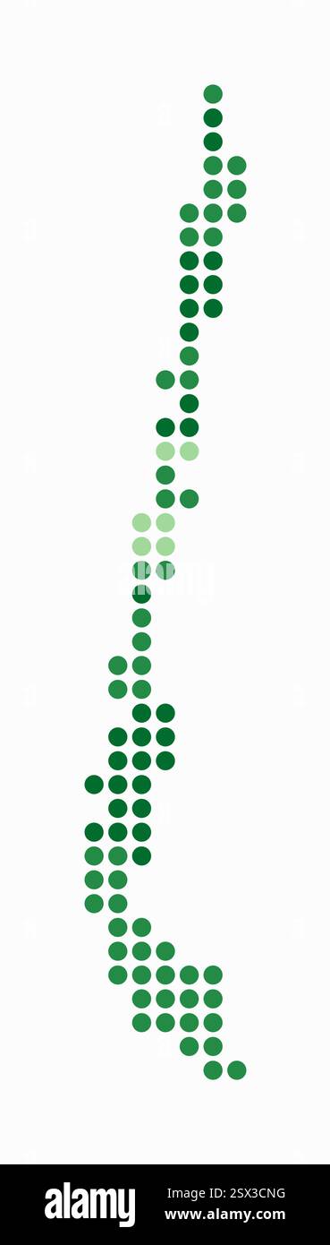 Cartina punteggiata del Cile. Mappa digitale del paese su sfondo bianco. Forma cilena con punti circolari. Stile puntini colorati. Cerchi di grandi dimensioni. Illustrazione Vettoriale