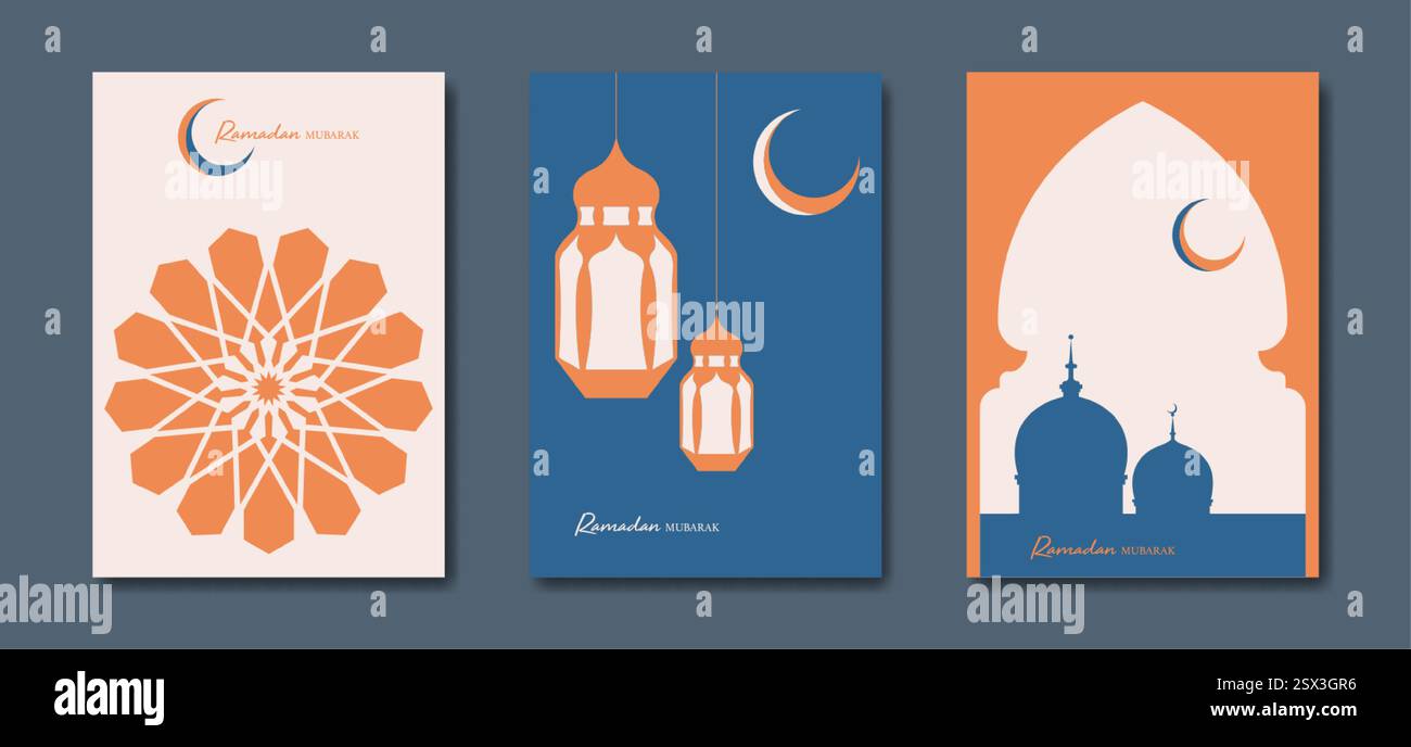 Set vettoriale Ramadan Mubarak carta colorata A4. poster delle vacanze, simbolo islamico, luna crescente e moschea, lanterna araba. Concetto di vettore religioso musulmano Illustrazione Vettoriale