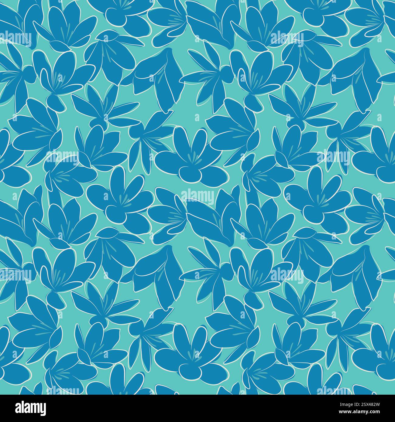 Crocus cyan Flowers disegnato a mano vettoriale floreale stilizzato blu motivo senza cuciture per carta da parati tessuti floreali, sfondo verde acqua Illustrazione Vettoriale