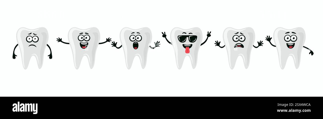 Adorabili personaggi dei denti che mostrano emozioni diverse. Illustrazione dei denti vettoriali piatti - espressioni felici, eccitate, tristi e spaventate. Grazioso design dei denti Illustrazione Vettoriale