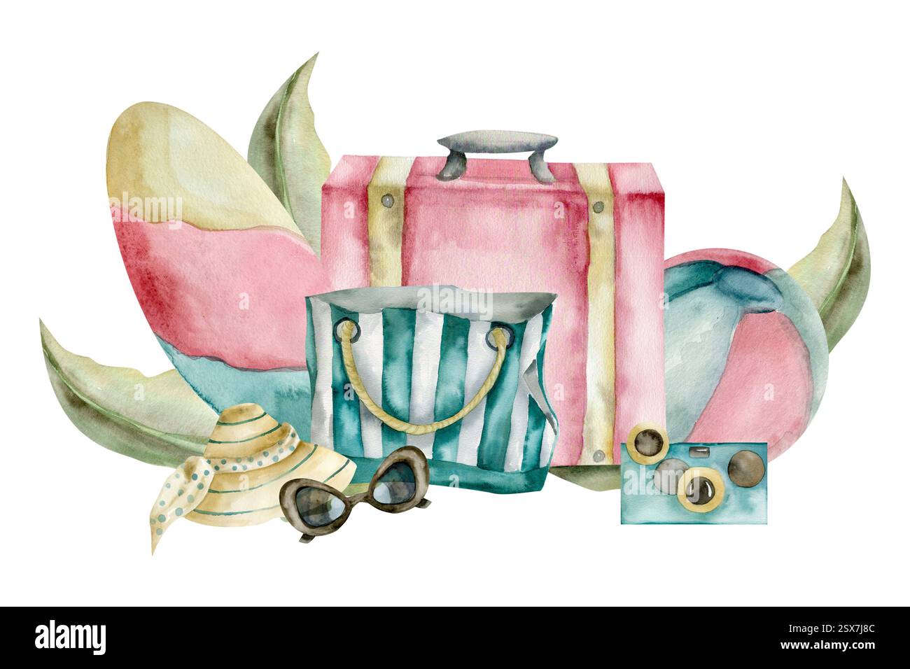Composizione retrò per le vacanze estive con valigie rosa acquerello e verde, borsa da spiaggia, surf, cappello e occhiali da sole. Oggetti da viaggio tropicali Foto Stock Composizione retrò per le vacanze estive con valigie rosa acquerello e verde, borsa da spiaggia, surf, cappello e occhiali da sole. Oggetti da viaggio tropicali Foto Stock