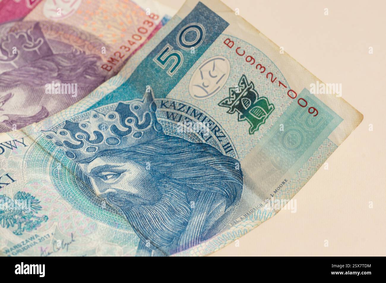 Banconote, valuta polacca, denaro, pacchetto di banconote. Primo piano di banconote su sfondo chiaro Foto Stock