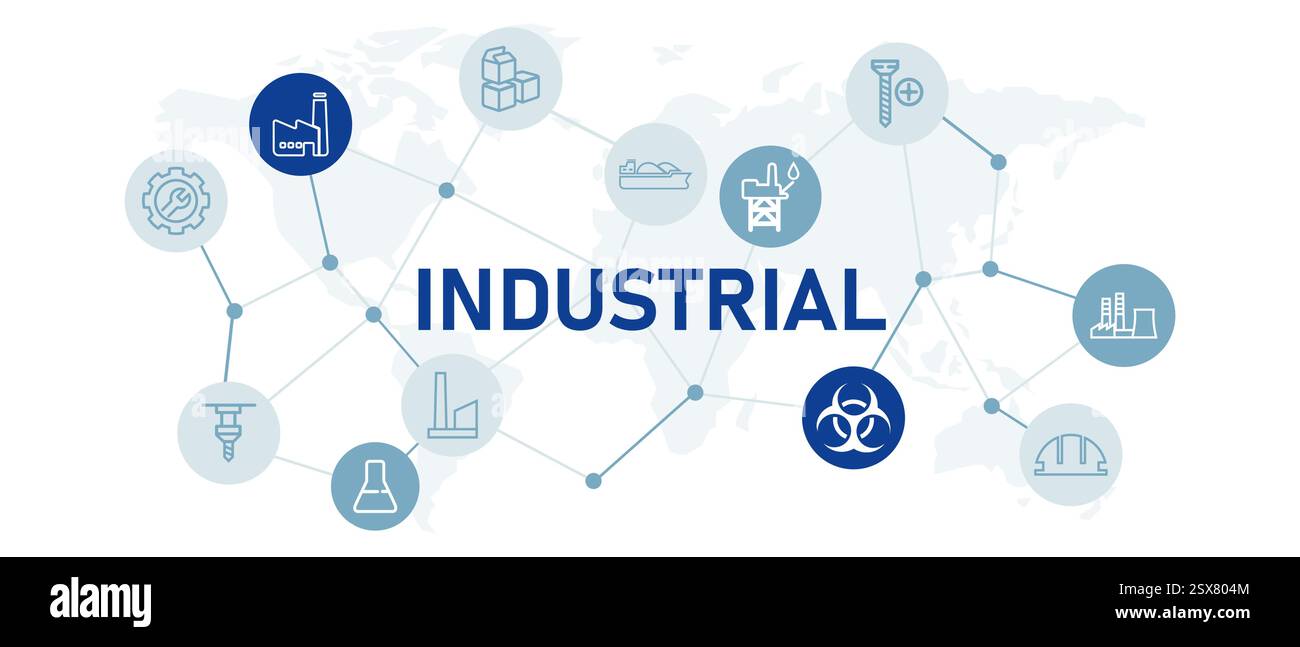 Set di icone industriali con illustrazione industria della fabbrica tecnologia di ingegneria materiale energetico attrezzatura di sviluppo macchine da lavoro materiale chimico Illustrazione Vettoriale