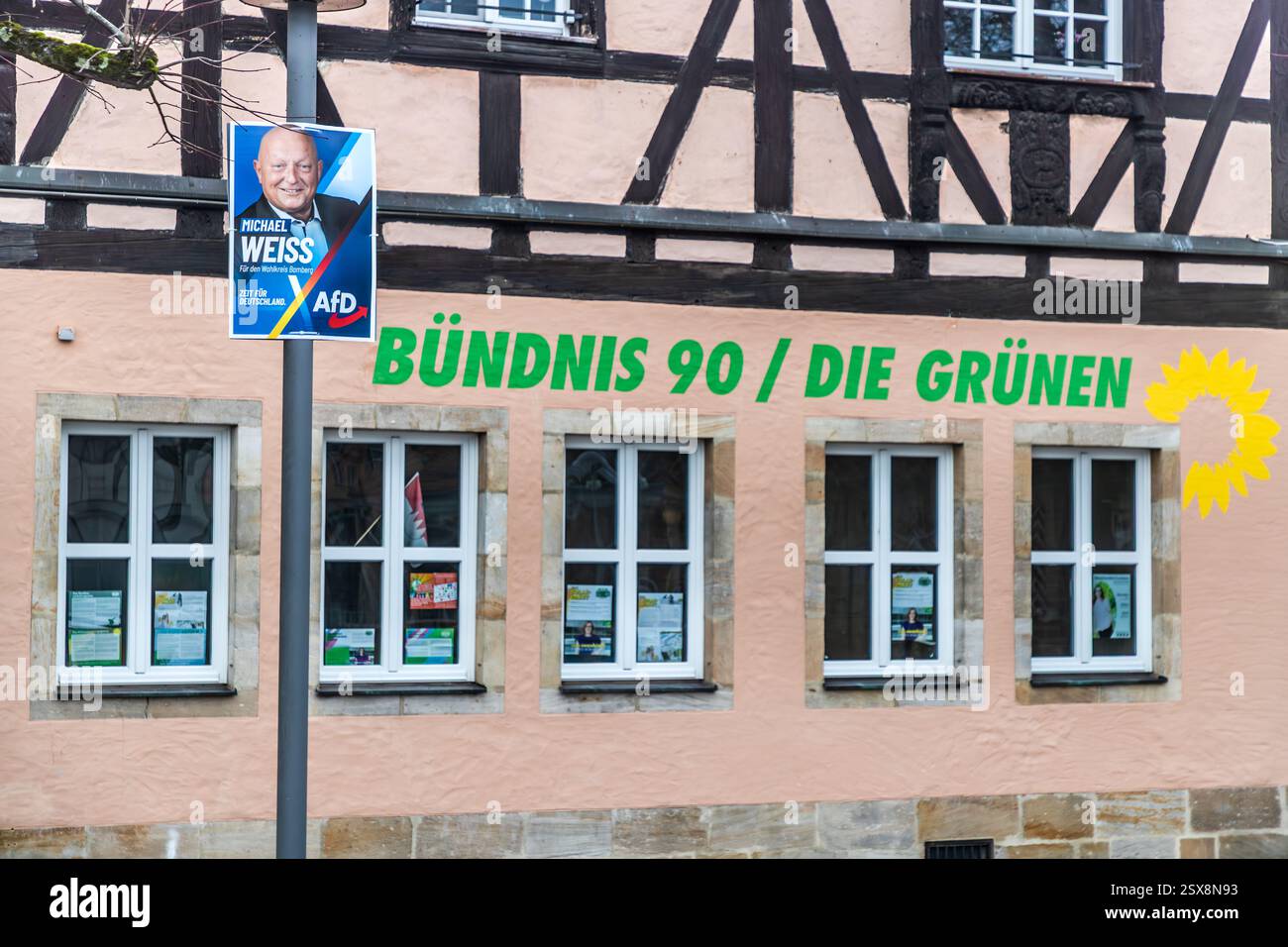 Il poster della campagna del candidato diretto dell’AfD Michael Weiß per il collegio elettorale di Bamberg-Forchheim al Bundestag è appeso a un lampione davanti alla facciata di un edificio in legno con l’iscrizione "Bündnis 90/Die Grünen". Le elezioni federali si sono svolte il 23 febbraio 2025, dodici giorni dopo che questa fotografia è stata scattata. Friedrich-Ludwig-Jahn-Straße, Forchheim, Bavaria, Germania. Foto Stock