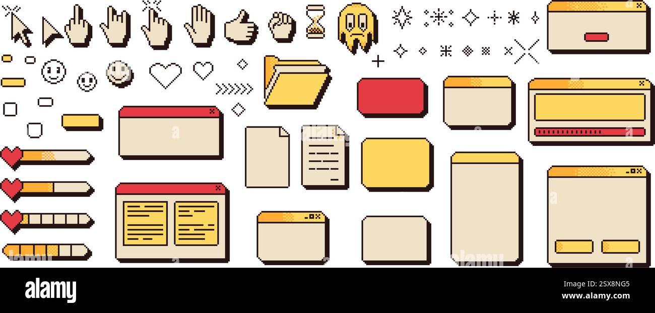 Interfaccia finestre retrospettive pixel art. finestre popup a 8 bit e browser con cursori, frecce e lancette in stile anni '90. Messaggio sullo schermo digitale e. Illustrazione Vettoriale