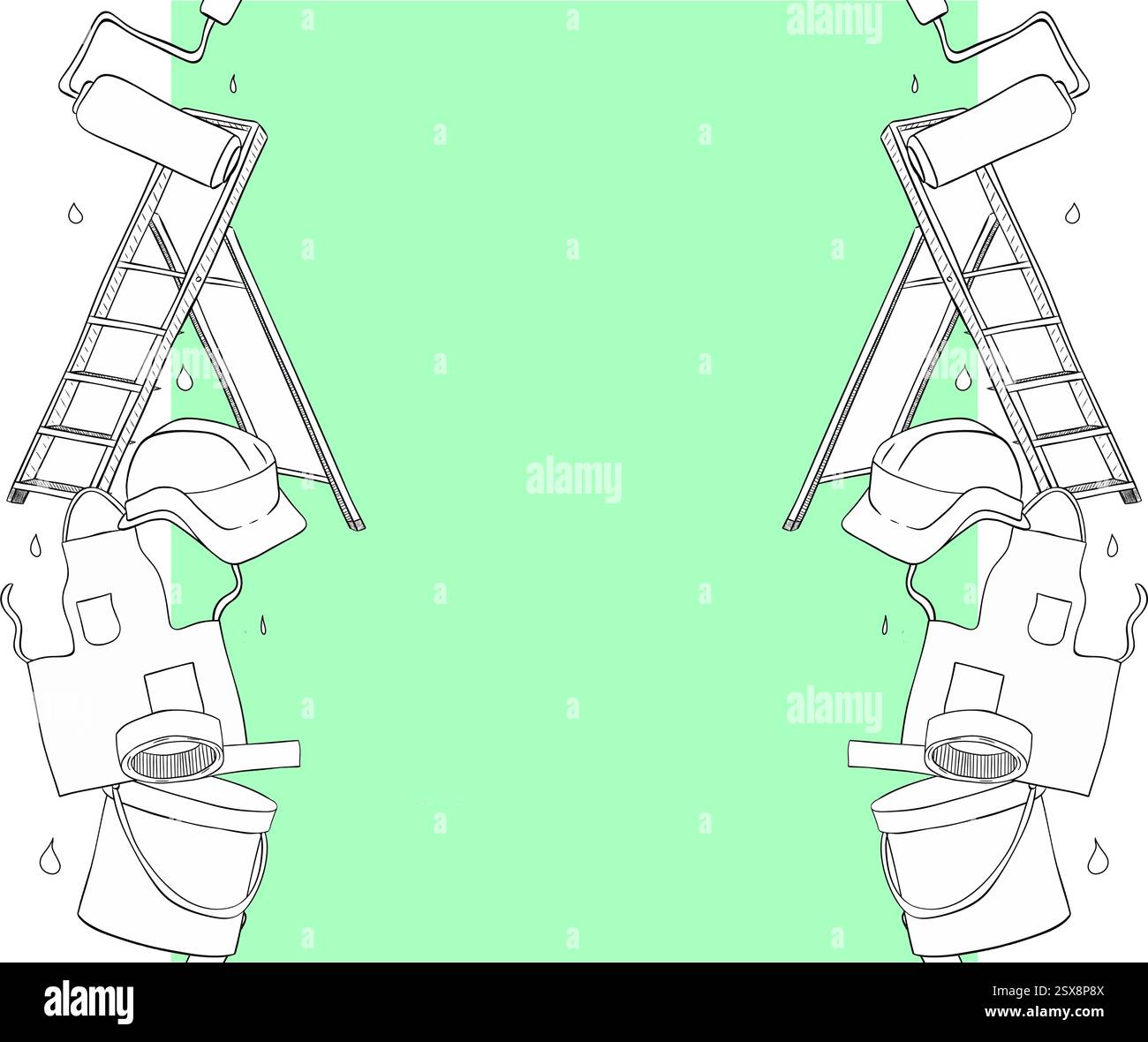 Bordo verticale senza cuciture con inchiostro grafico in bianco e nero con set di strumenti di verniciatura, scala a pioli, rullo, bomboletta a colori, grembiule, casco. Illustrazione Vettoriale