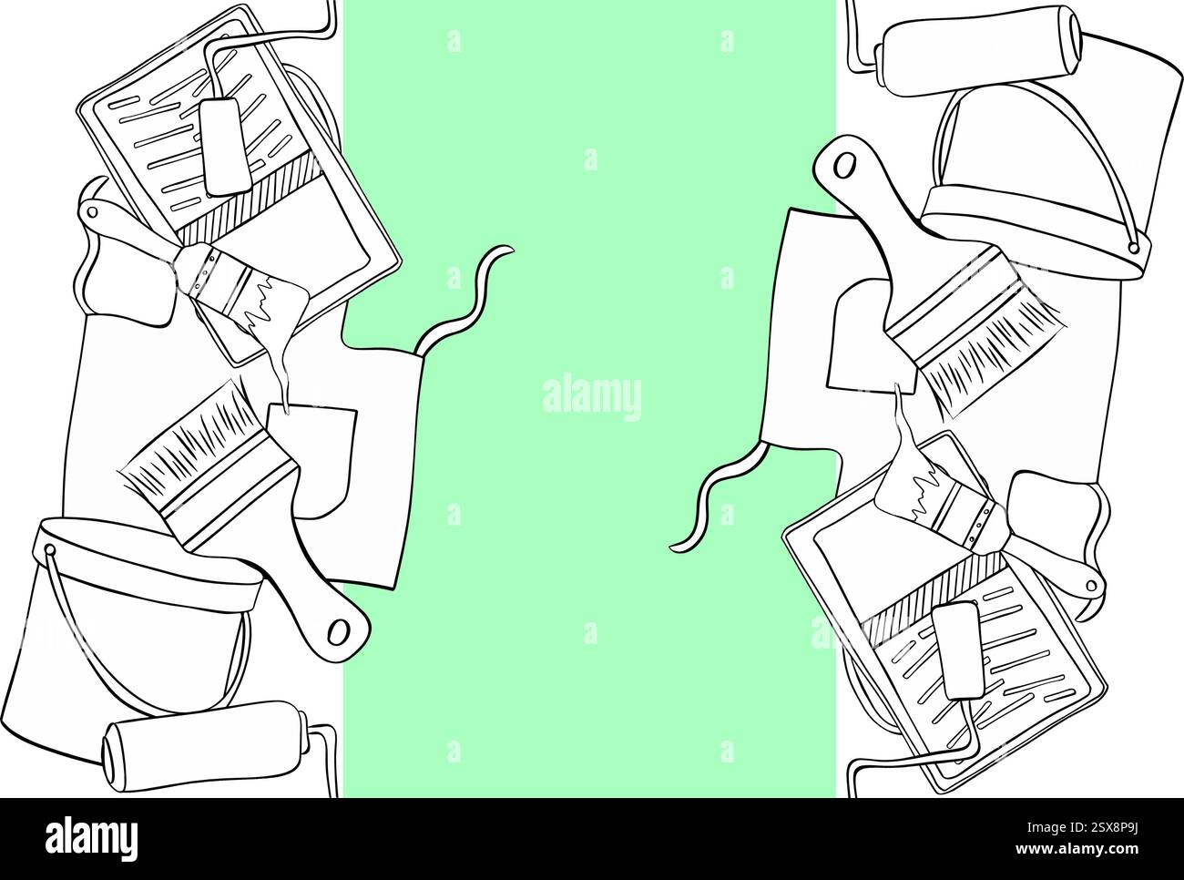 Linea grafica bordo verticale senza cuciture con strumenti di pittura motivo dell'attrezzatura di verniciatura. Spazzola vettoriale, bomboletta colorata, rullo, vassoio per pittura, grembiule. Trama per p Illustrazione Vettoriale
