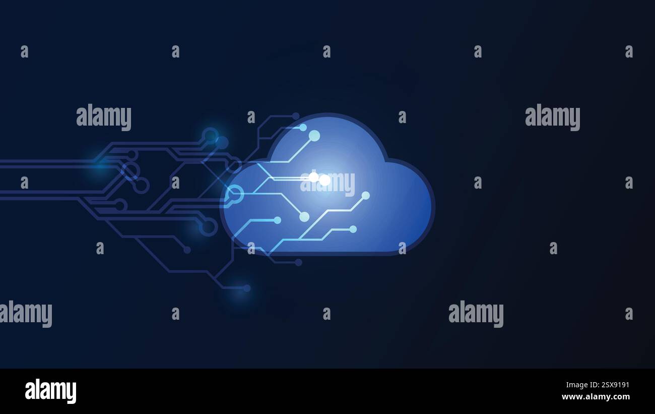 Tecnologia di cloud storage su circuito stampato futuristico, sala server e apparecchiature per reti Internet, vettore e illustrazione Illustrazione Vettoriale