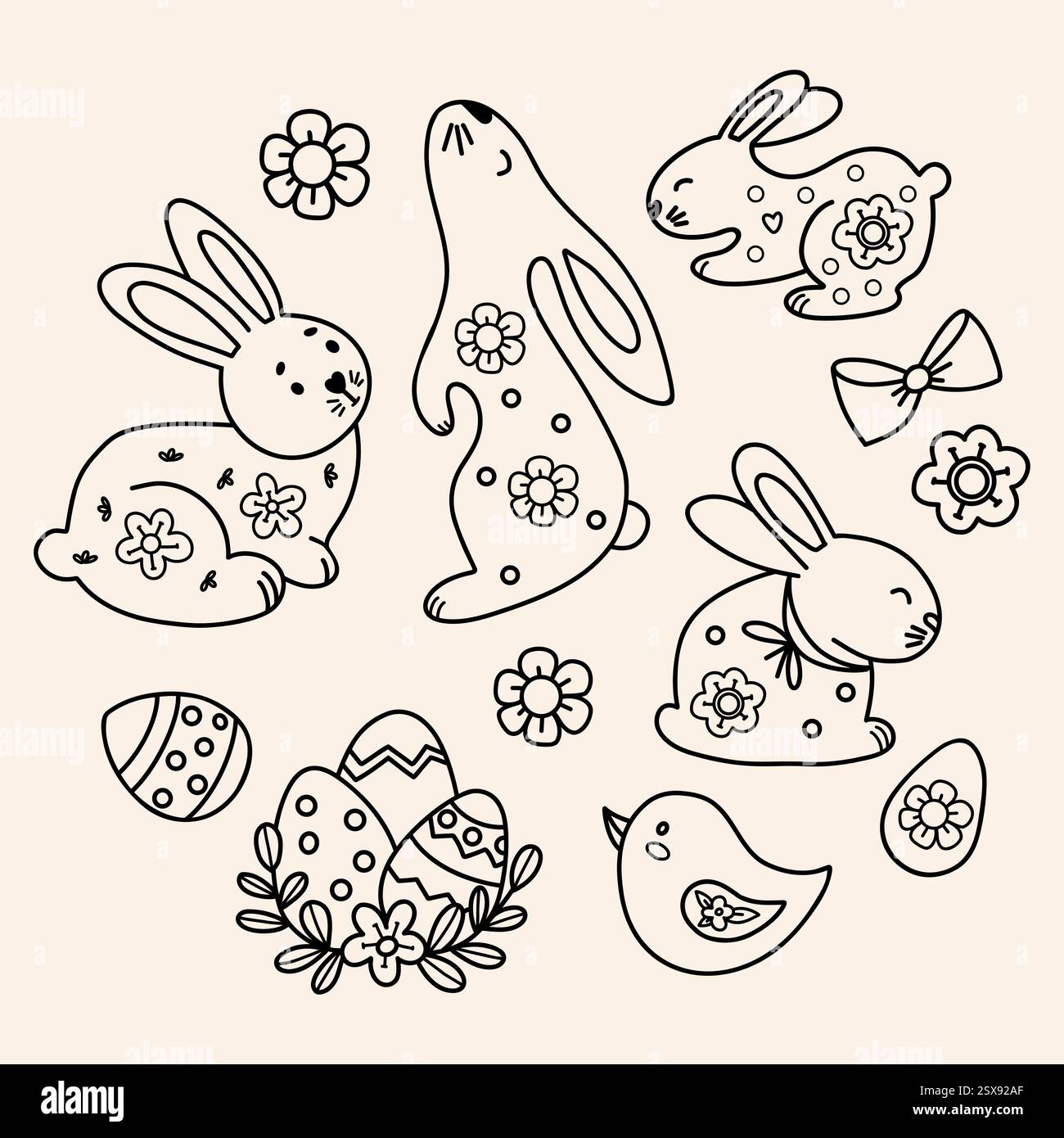 Carini coniglietti pasquali e uova pasquali Doodles. Collezione Spring Holiday. Isolated Vector Line illustrazioni disegnate a mano per decorazioni e design natalizi Illustrazione Vettoriale