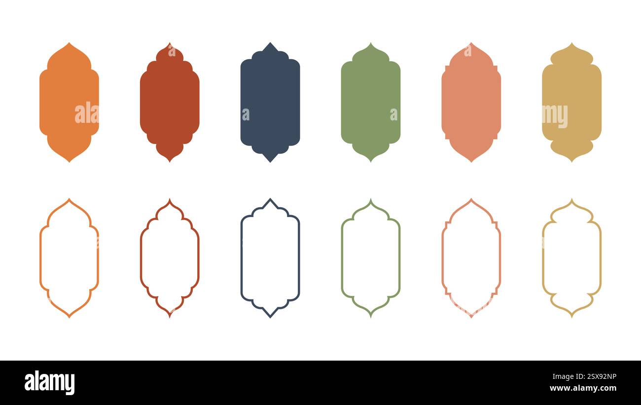 Set di cornici islamiche a forma di finestra in stile piatto, cornici arabe in stile orientale, eid islamico e design ramadan. illustrazione vettoriale Illustrazione Vettoriale