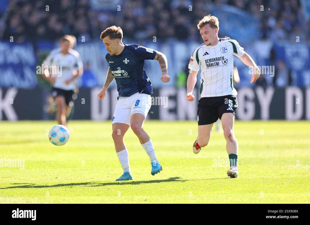 Darmstadt, Germania. 23 febbraio 2025. 23.02.2025, xdcx, Fussball 2. Bundesliga, SV Darmstadt 98 - FC Schalke 04, emonline, emspor, despor, v.l., Luca Marseiler (SV Darmstadt 98), Derry Murkin (FC Schalke 04) LE NORMATIVE DFL/DFB VIETANO QUALSIASI USO DI FOTOGRAFIE COME SEQUENZE DI IMMAGINI E/O QUASI-VIDEO. Credito: dpa/Alamy Live News Foto Stock