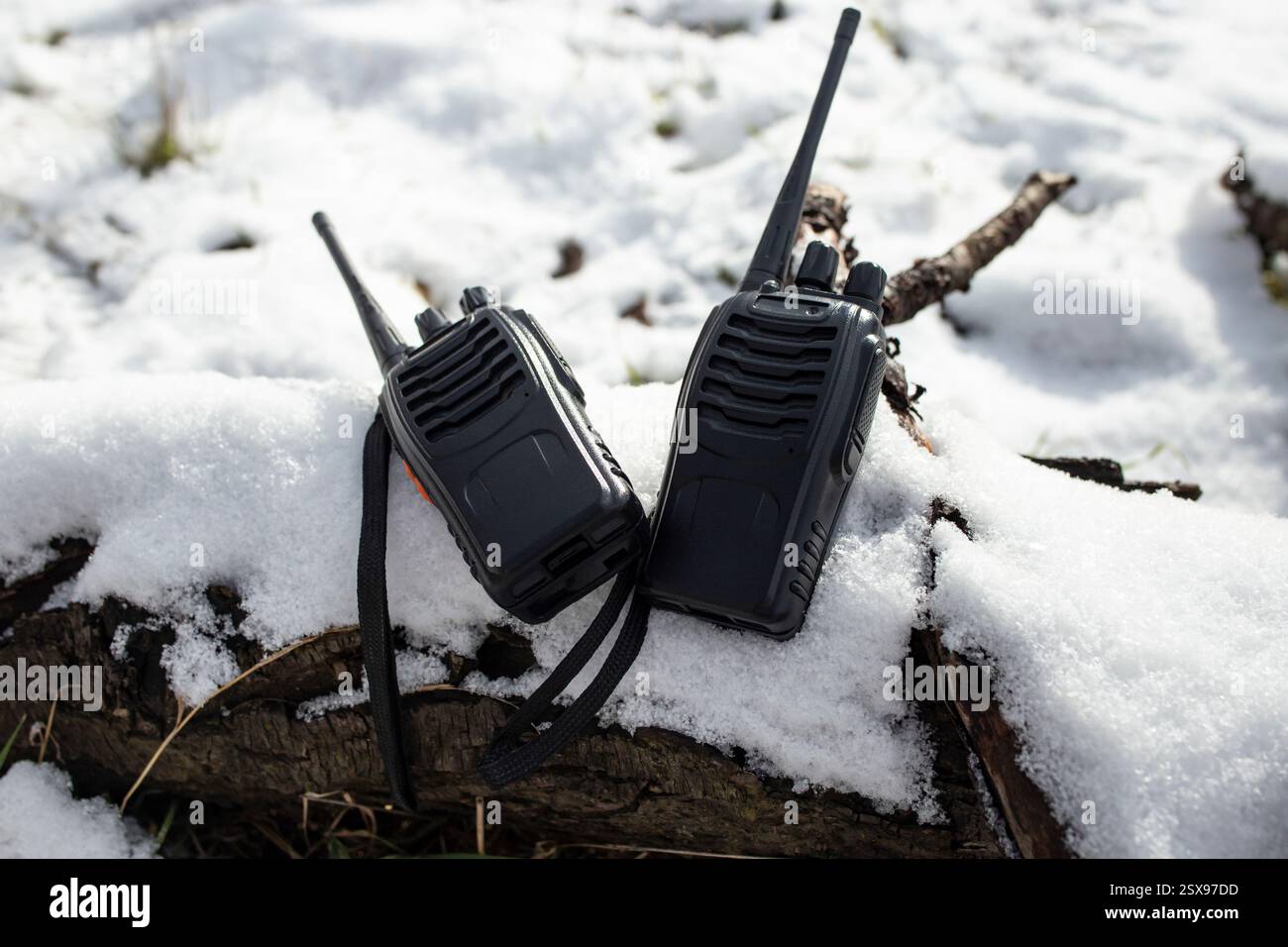 Due walkie talkie neri su un tronco di albero ricoperto di neve bianca ghiacciata, soccorso in montagna Foto Stock