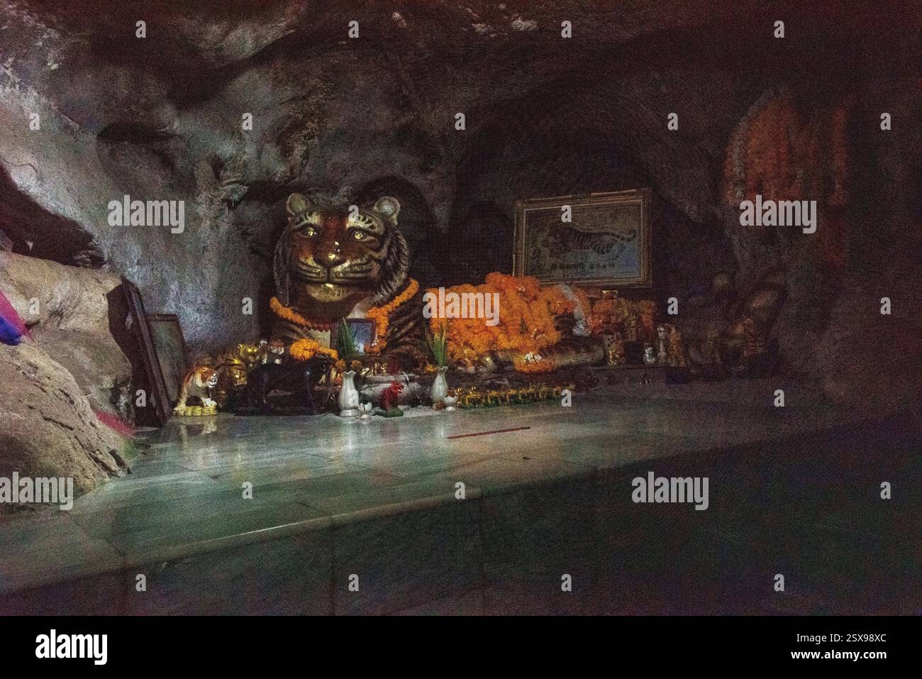 Scultura della tigre e statue di Buddha all'interno di un santuario sacro in una grotta in Thailandia, creando un'atmosfera mistica e spirituale circondata da un'antica devozione Foto Stock