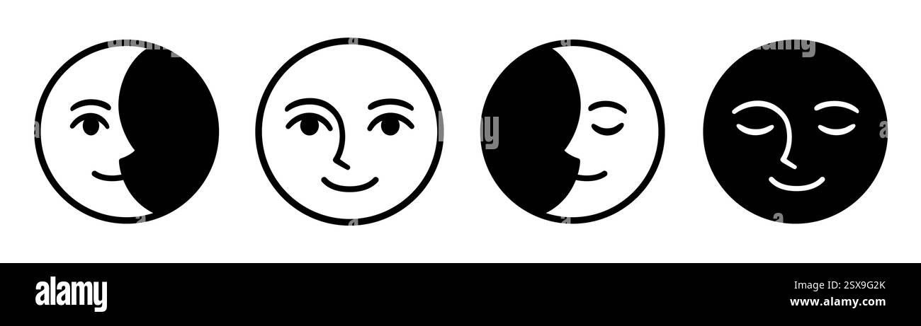 Fasi lunari con un semplice volto sorridente, ambientato in un moderno stile cartoni animati. Icone in bianco e nero. Illustrazione grafica clip vettoriale. Illustrazione Vettoriale