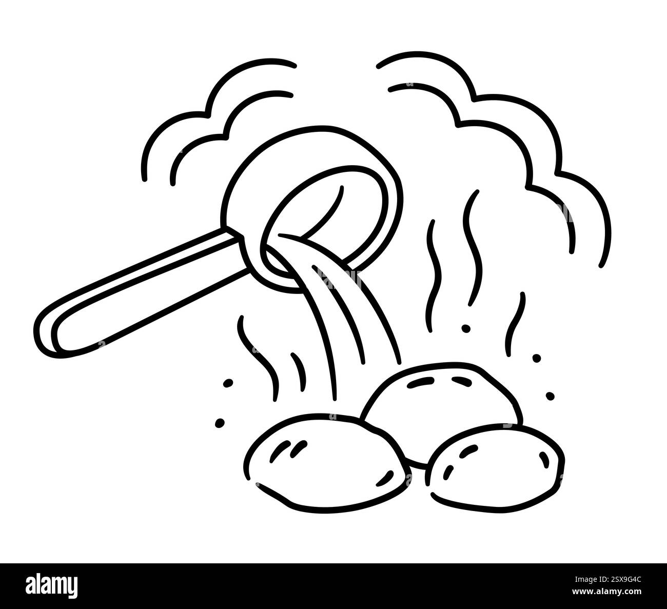 Sauna finlandese disegnata a mano. Mestolo che versa acqua sulle pietre creando vapore. Disegni in bianco e nero. Disegno semplice, clip art vettoriale illustra Illustrazione Vettoriale