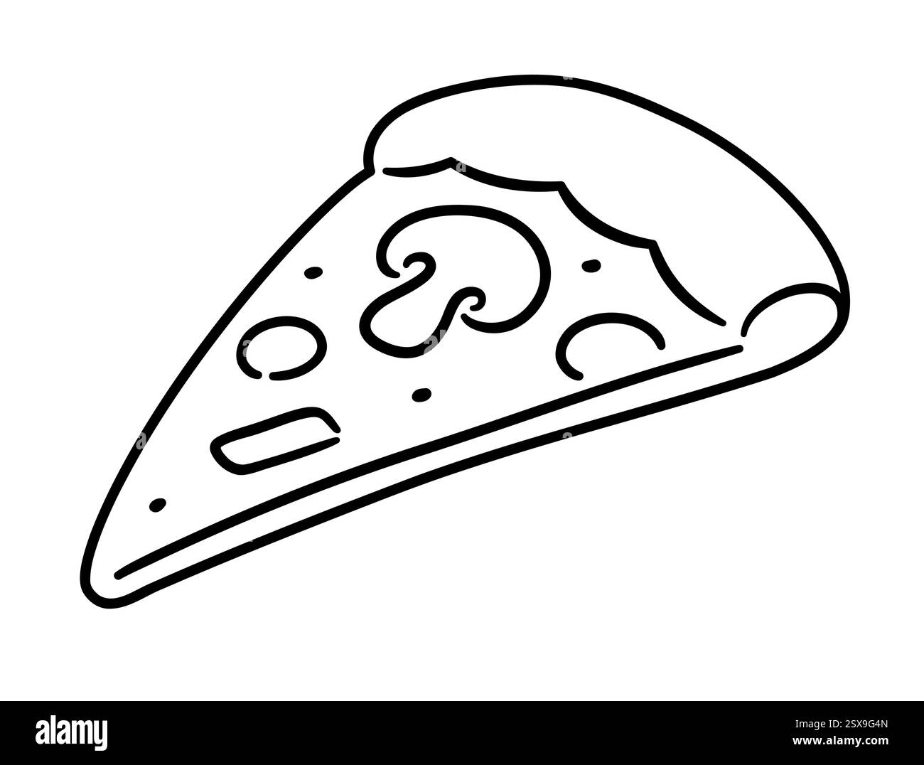 Fetta di pizza vegetariana, icona disegnata a mano. Disegni in bianco e nero. Disegno semplice, illustrazione grafica a clip vettoriale. Illustrazione Vettoriale