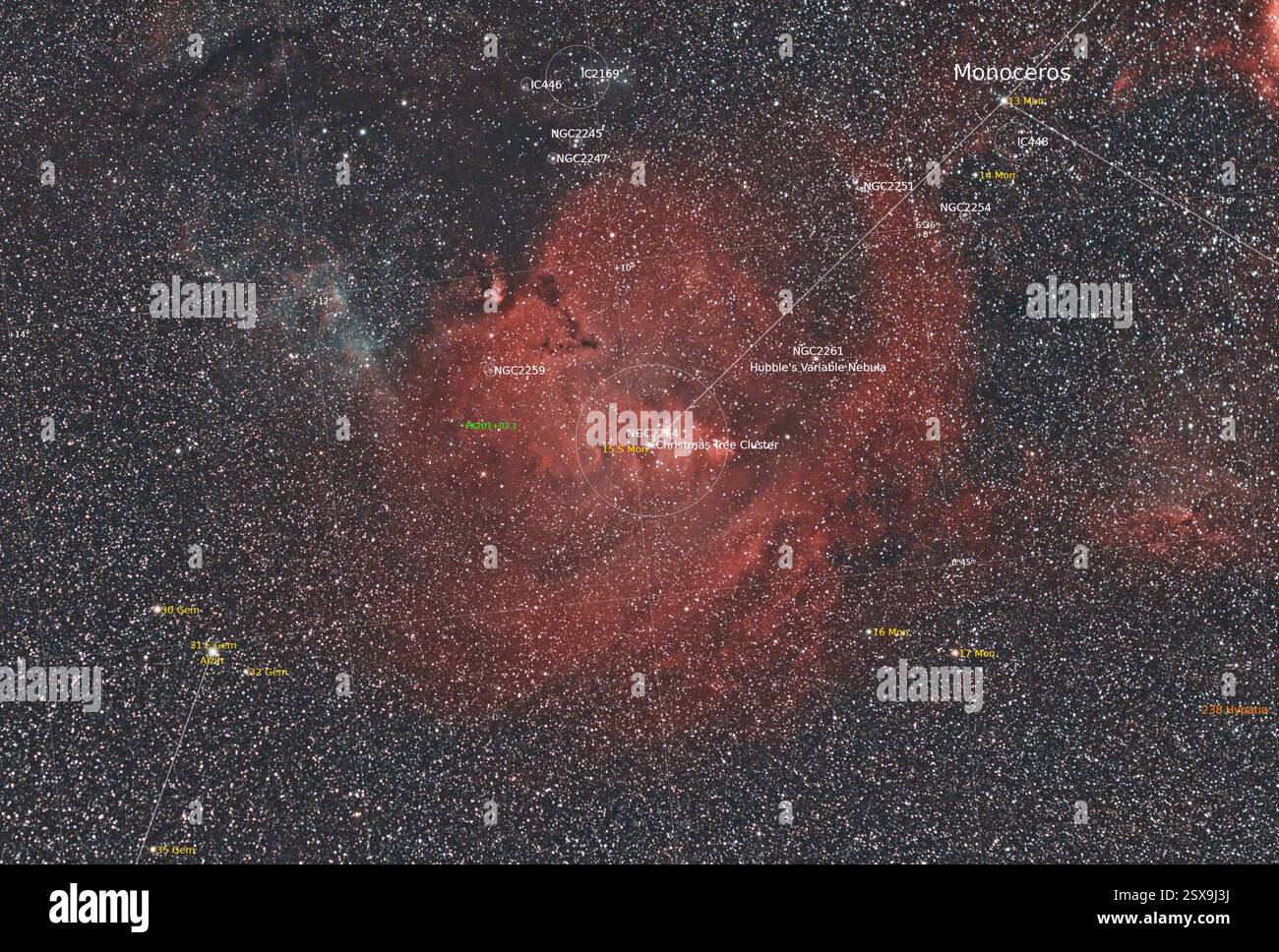 La Nebulosa del cono e il Cluster dell'albero di Natale (NGC 2264) una nebulosa di emissione nella costellazione Monoceros. Mappa stellare annotata Foto Stock