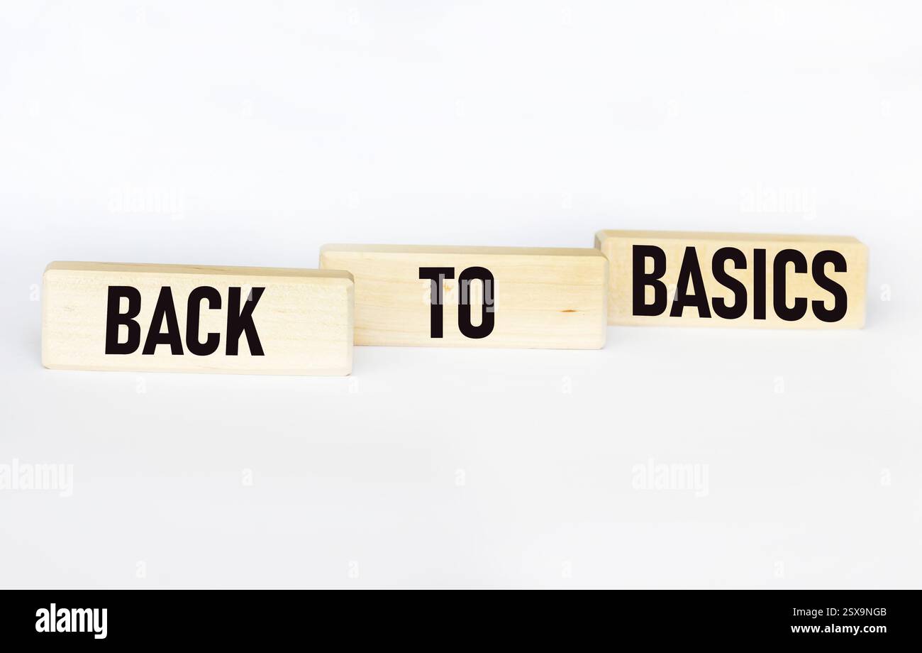 Il simbolo "torna alle basi". Le parole concettuali "ritorno alle radici” su un pannello di legno. Splendido sfondo bianco. Un luogo da copiare. Foto Stock
