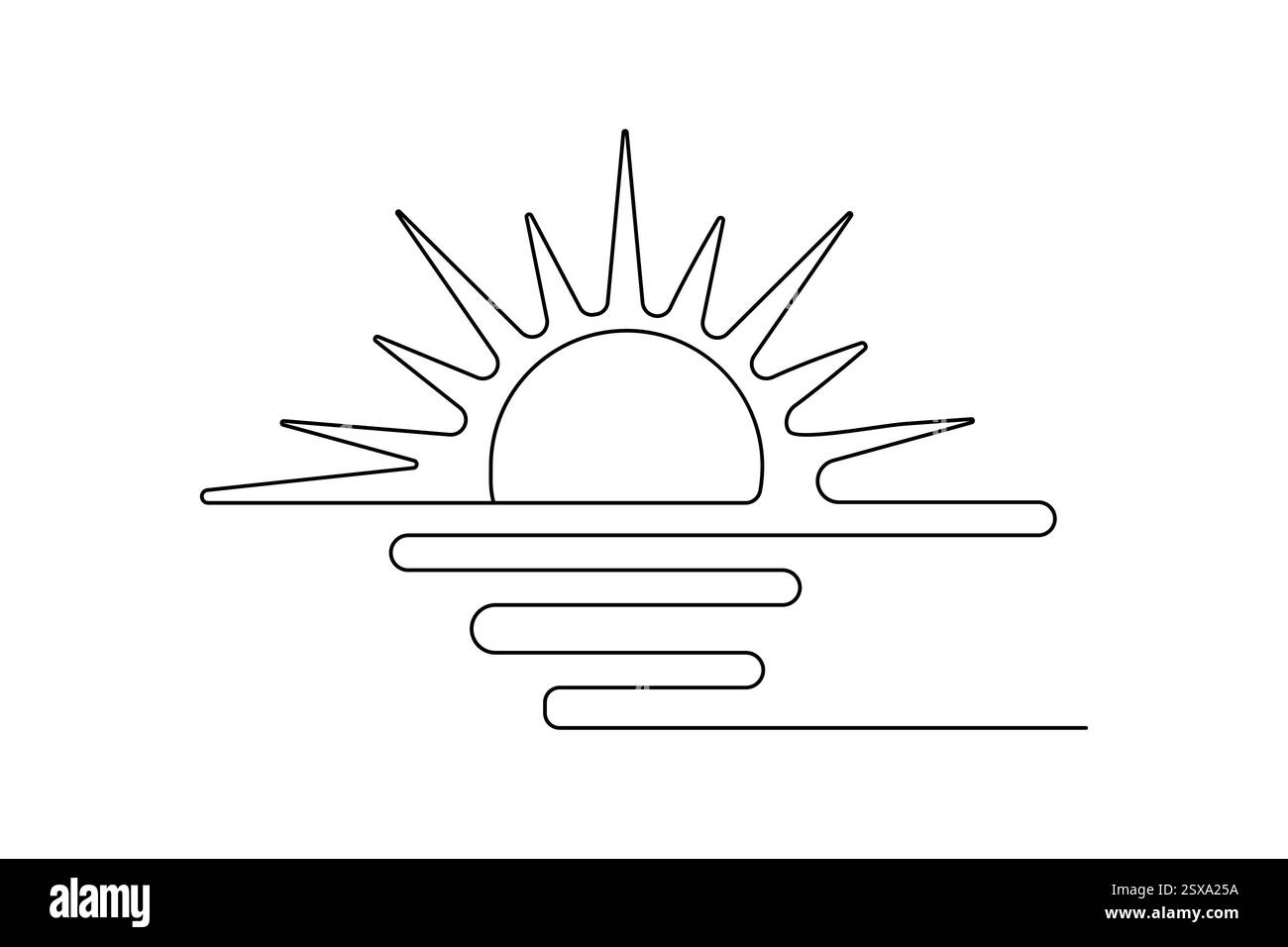 Tramonto su una linea di un'icona vettoriale minimalista con sfondo bianco e nero Illustrazione Vettoriale