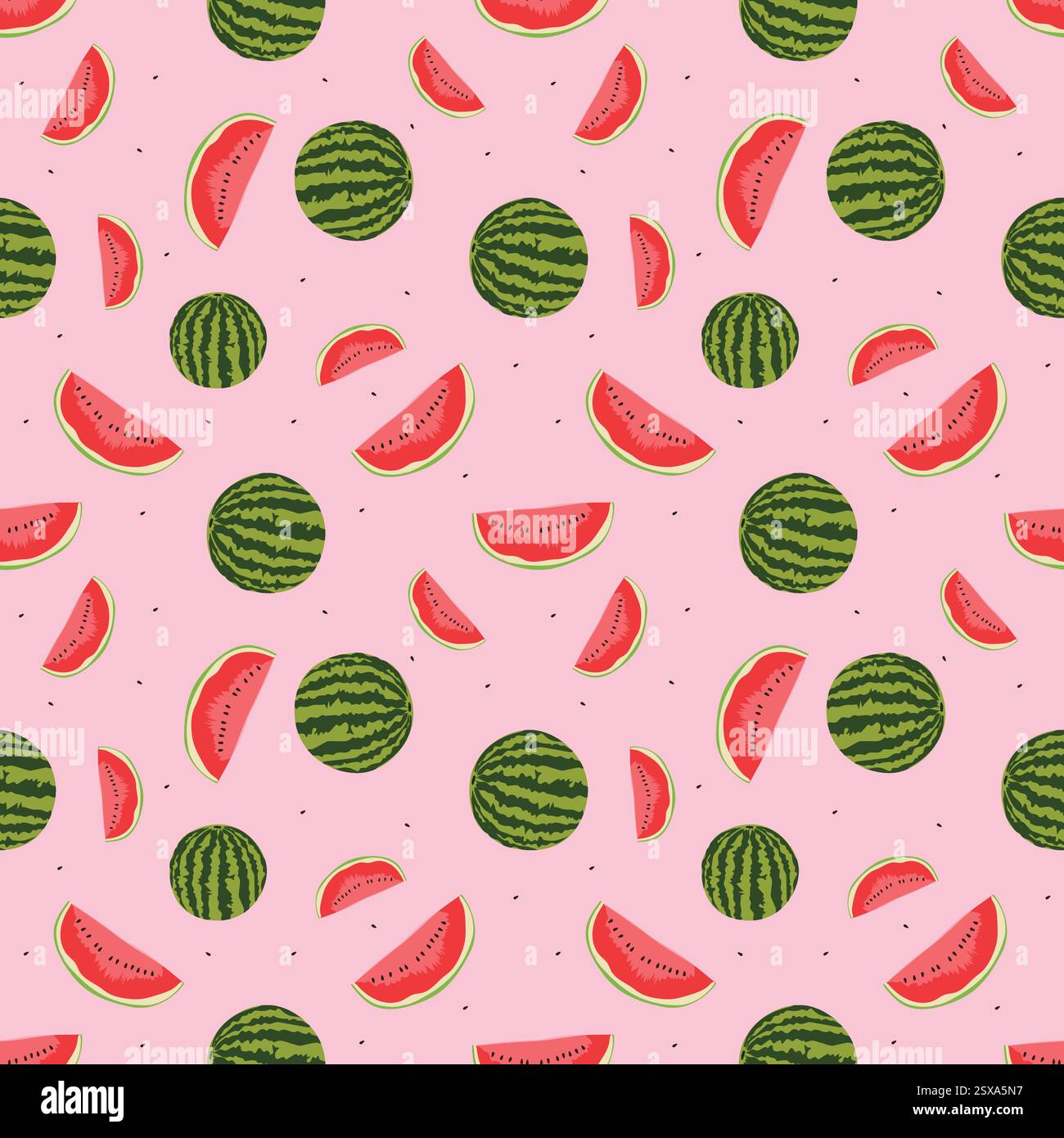 Fantasia vettoriale senza cuciture con grazioso anguria di frutti tropicali. Graziosi tessuti di fondo a trama rosa estiva, fetta di anguria, stampa tessile. Modelli Illustrazione Vettoriale