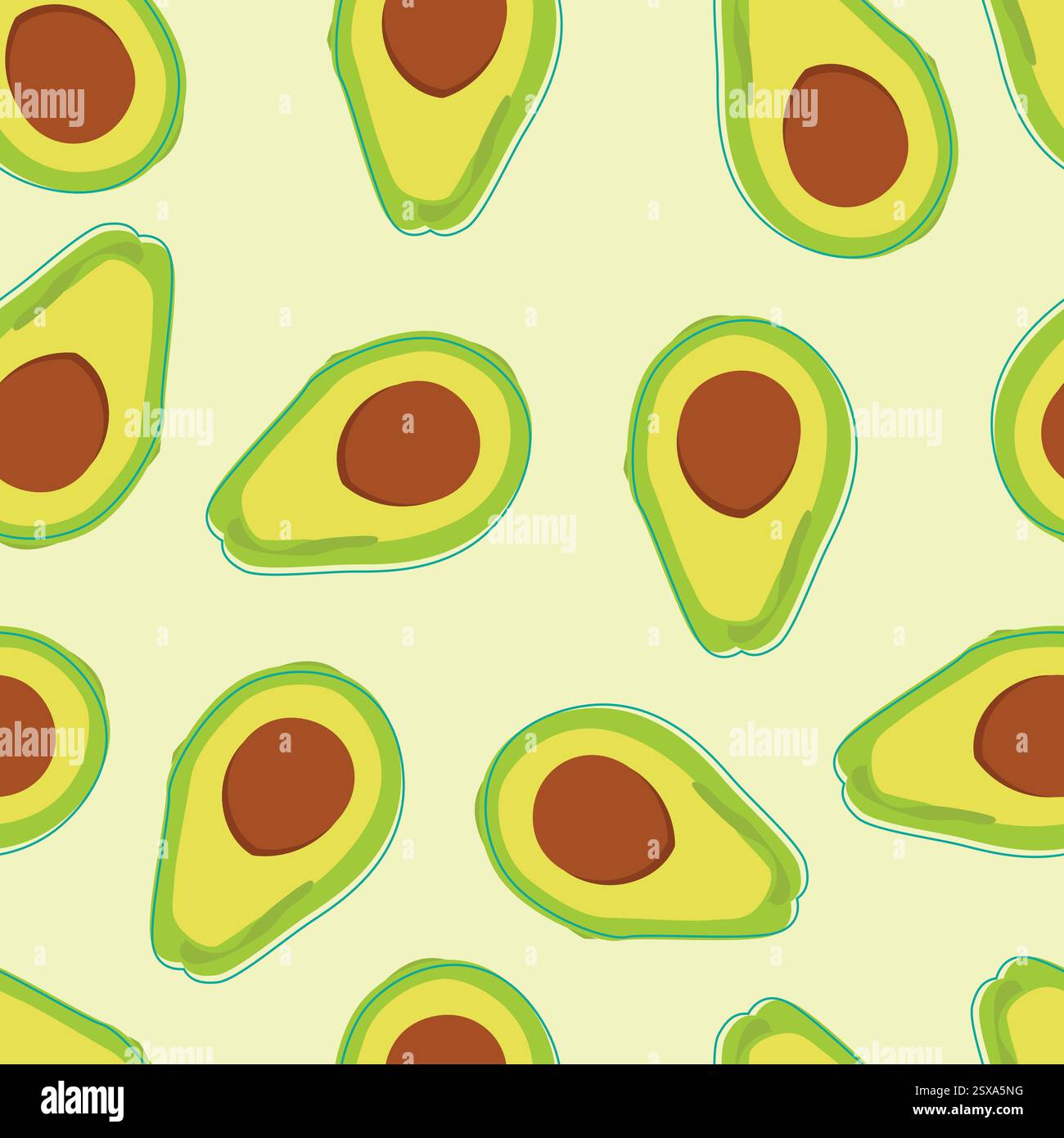 Vettoriale senza cuciture disegnato a mano, avocado di frutta tropicale. Cibo sano, vegani. Avocado a metà. Botanico, frutta esotica tropicale. Per menu, caffè, carta da parati Illustrazione Vettoriale
