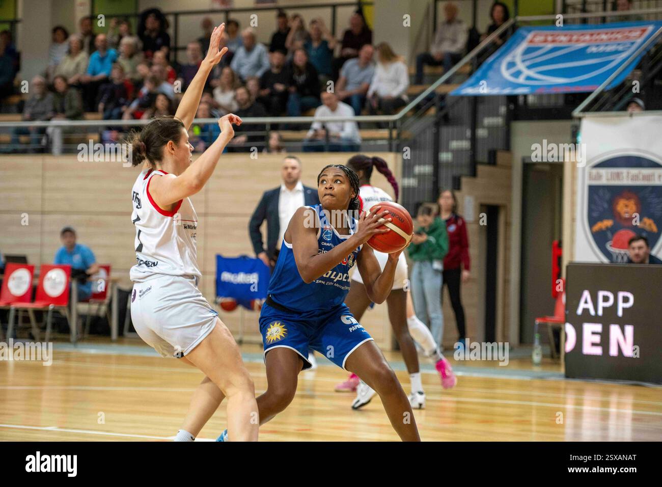 Halle, Germania. 23 febbraio 2025. Halle, Germania 23. Febbraio 2025: Toyota DBBL - 2024/2025 -Syntainics MBC vs. Eigner Angels Nördlingen Im Bild: v.li.Nicole Fransson (Noerdlingen) und Krystal Freeman (Halle) crediti: dpa/Alamy Live News Foto Stock