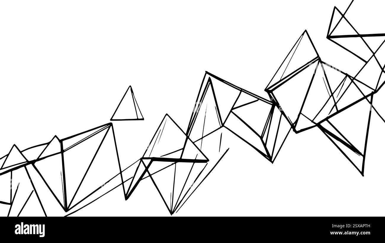 Forme geometriche astratte del triangolo. Schizzo con inchiostro nero su sfondo bianco. Design grafico, banner di siti Web o branding moderno. Linee disegnate a mano Illustrazione Vettoriale