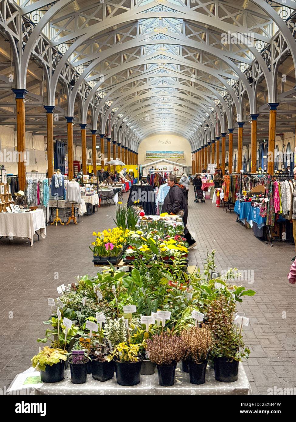 Barnstable, Devon, Inghilterra, Regno Unito - 21 febbraio 2025: Persone che curiosano tra le bancarelle nello storico mercato coperto Pannier nel centro della città di Barnstable. - Immagine stock catturata con smartphone