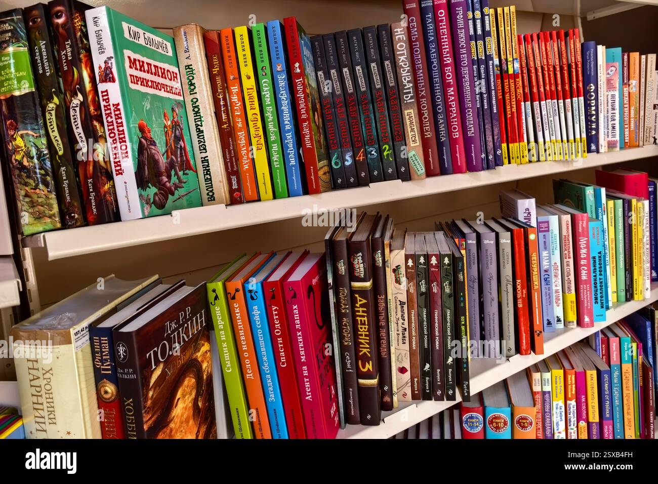 Bobruisk, Bielorussia - 16 febbraio 2025: Una vivace collezione di libri è in linea con uno scaffale luminoso, che mostra vari generi e titoli, invitando i lettori a farlo Foto Stock