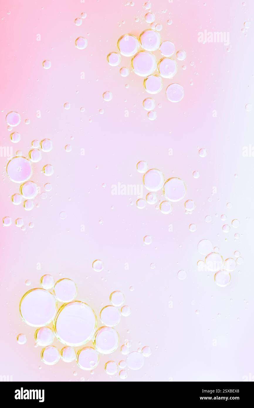 Primo piano, splendido sfondo cosmetico. Bolle d'olio rosa tenue o fondo di siero. Foto macro di bolle d'olio e acqua Foto Stock
