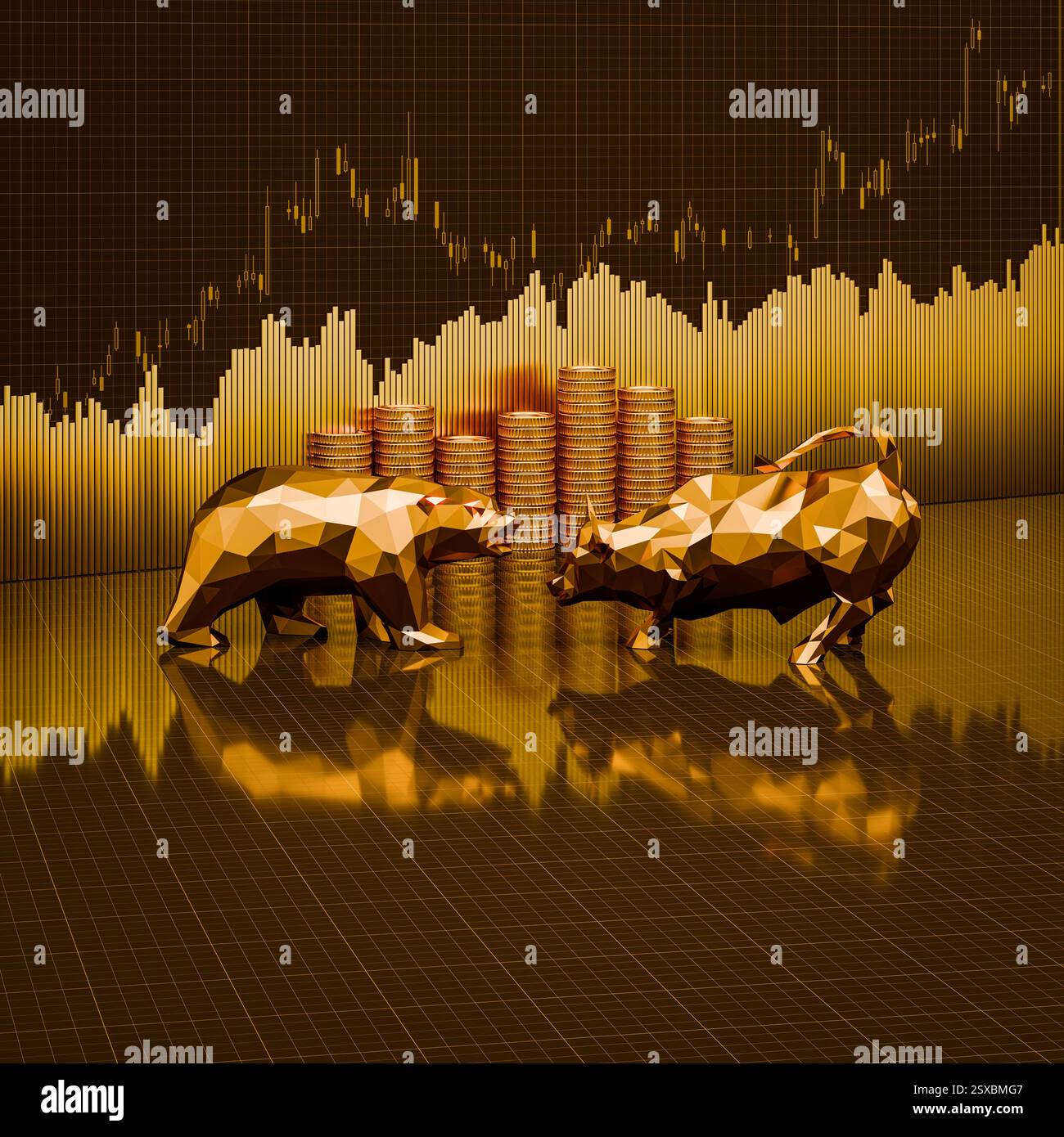 Bull and Bear in Gold di fronte a un grafico a barre, a candeliere e a pile di monete - lo sfondo è un foglio in scala. Concetto di borsa, creazione Foto Stock