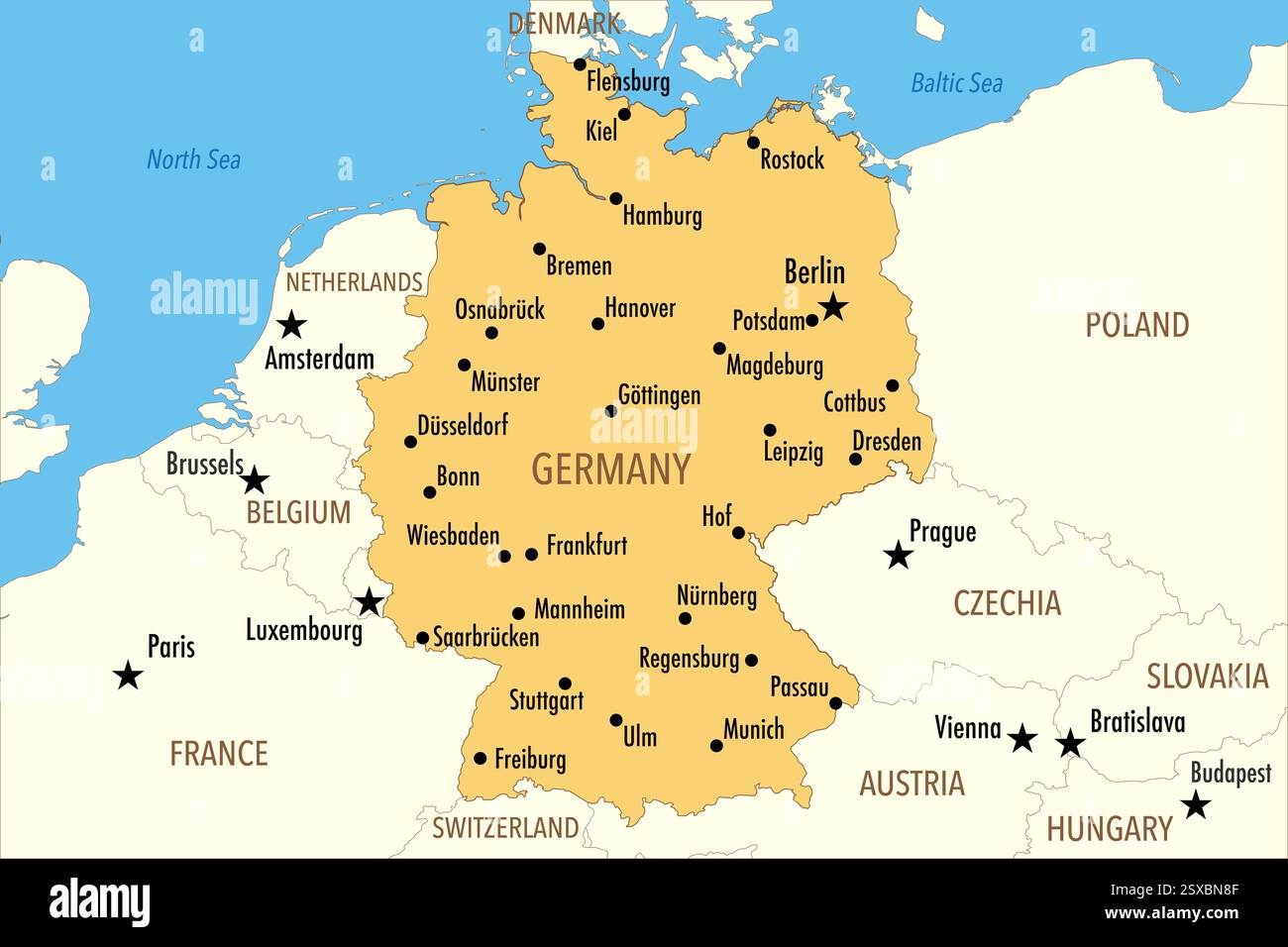 Mappa della Germania con le principali città e i paesi vicini – illustrazione infografica Foto Stock