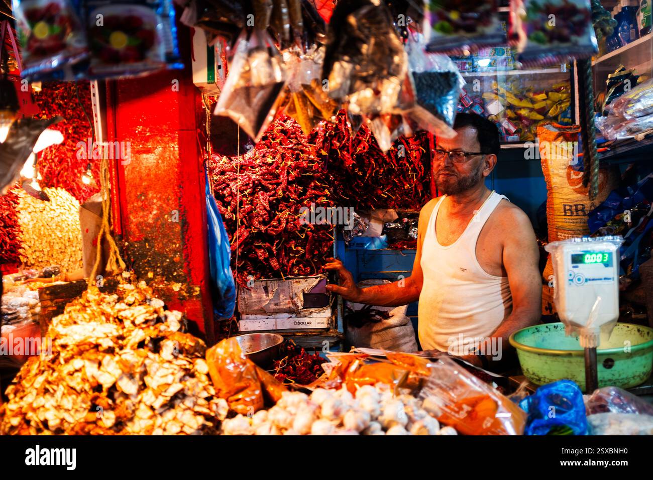 Un commerciante di mercato che vende peperoncini Kashmiri e altre spezie nel mercato interno, Margao, Goa, India Foto Stock