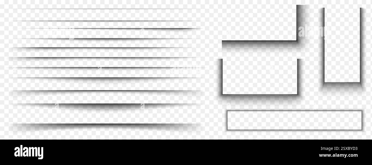 Set di carta o confezione, striscioni o effetti ombra scheda. Diverse forme realistiche di grigio tenue. Linee di divisione e ombreggiature rettangolari isolate su sfondo trasparente. Illustrazione vettoriale. Illustrazione Vettoriale