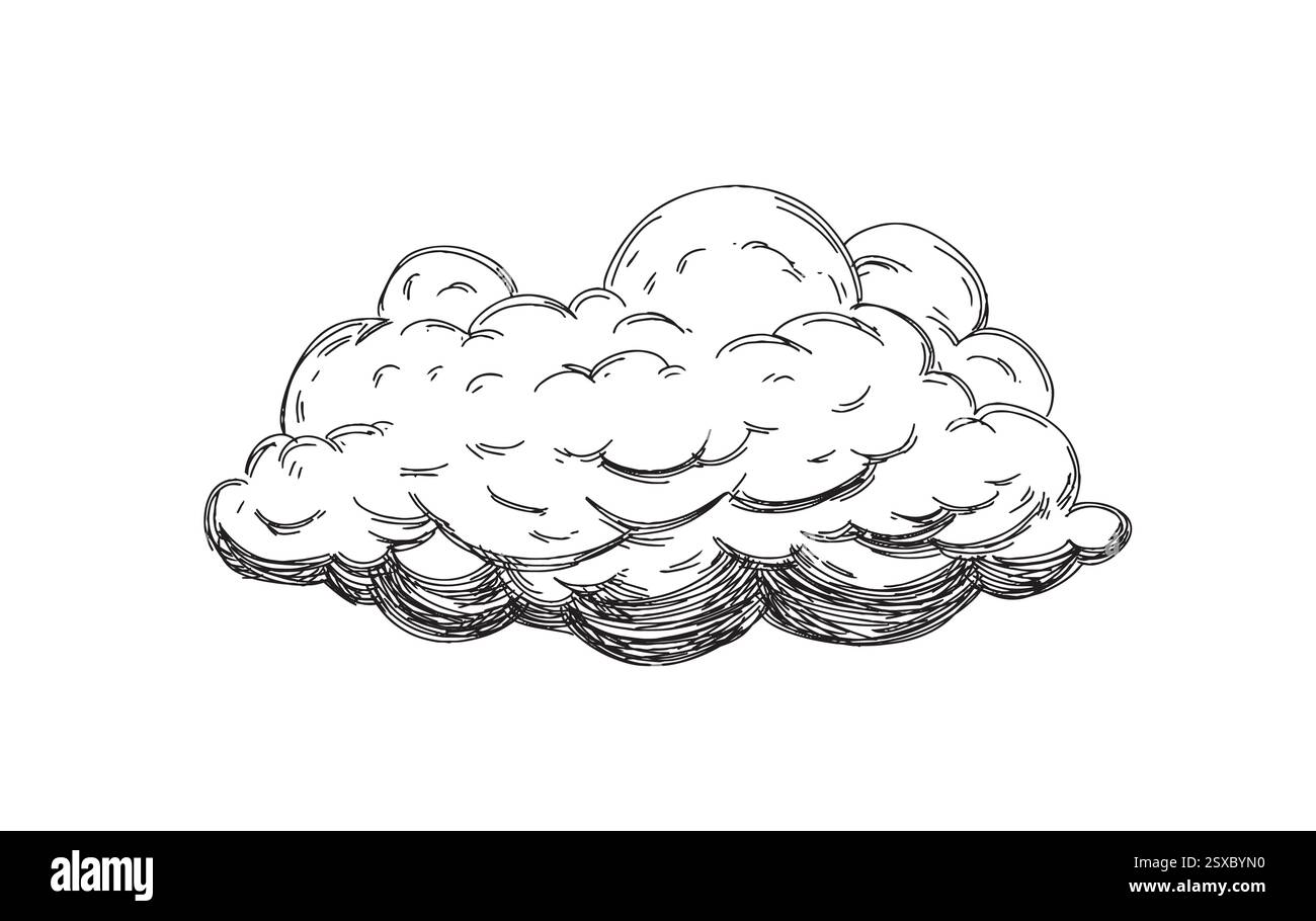 Nuvole disegnate a mano in stile vintage retrò isolate su sfondo bianco. Elementi di design dei cartoni animati. Elementi orizzontali nello stile di schizzo. Illustrazione Vettoriale