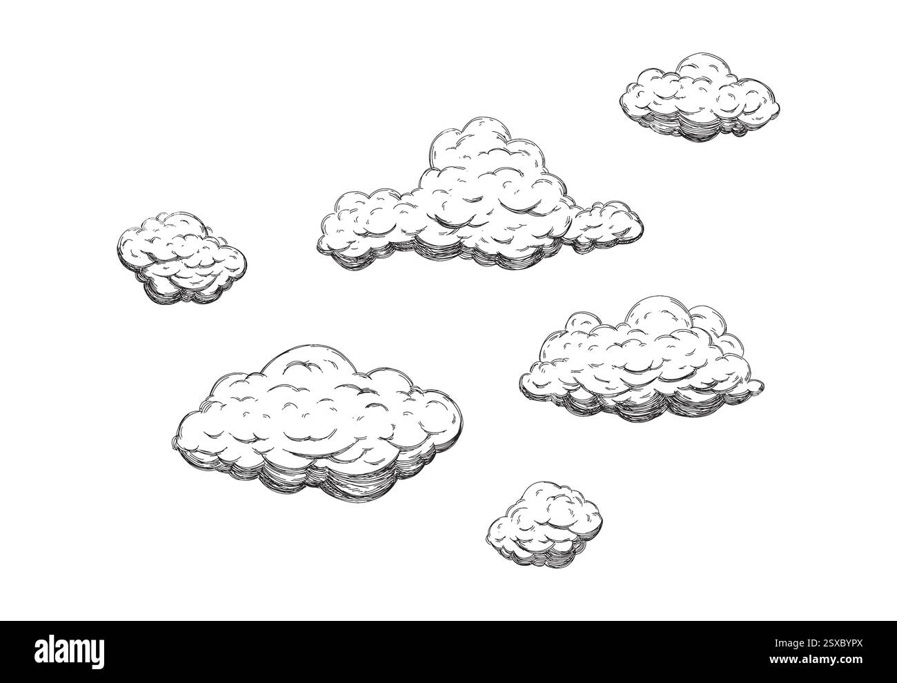 Nuvole disegnate a mano in stile vintage retrò isolate su sfondo bianco. Elementi di design dei cartoni animati. Elementi orizzontali nello stile di schizzo. Illustrazione Vettoriale