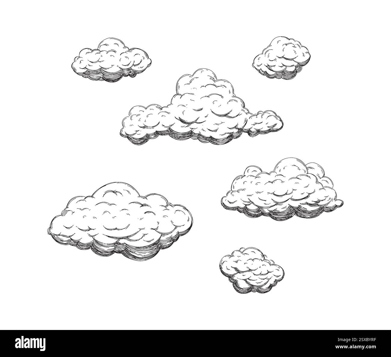 Nuvole disegnate a mano in stile vintage retrò isolate su sfondo bianco. Elementi di design dei cartoni animati. Elementi orizzontali nello stile di schizzo. Illustrazione Vettoriale