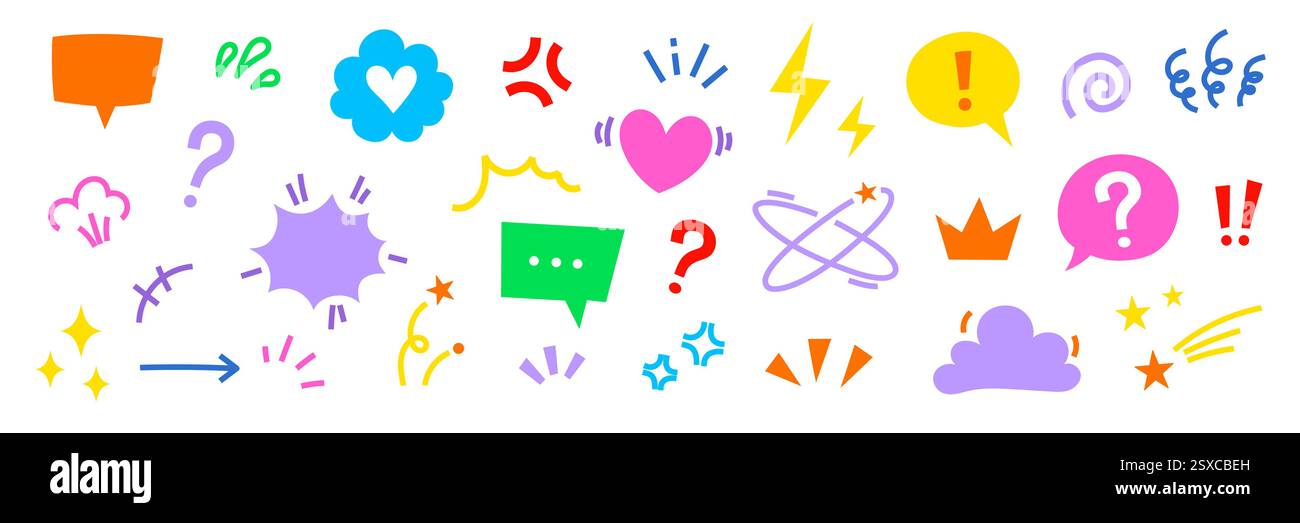 Set di icone di elementi di effetto fumetto fumettistico con fumetti. Fumetto simpatico, emoji, scintilla stellare, icona vettoriale cartoni animati movimento linea. Delinea il cuore di doodle, la freccia, la scintilla divertente. Illustrazione vettoriale Illustrazione Vettoriale