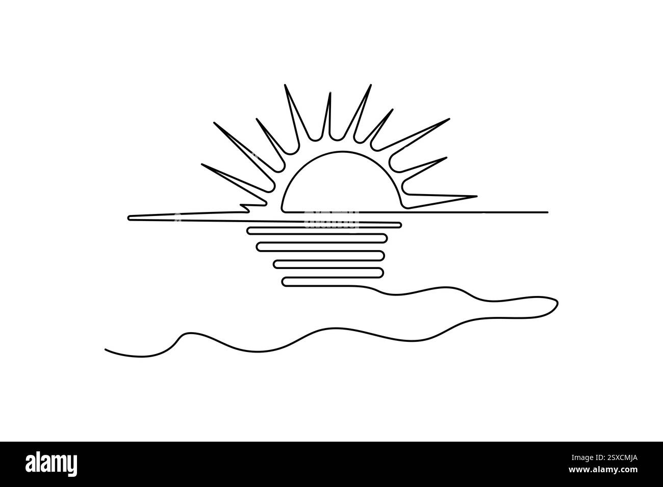 Tramonto su una linea di un'icona vettoriale minimalista con sfondo bianco e nero Illustrazione Vettoriale