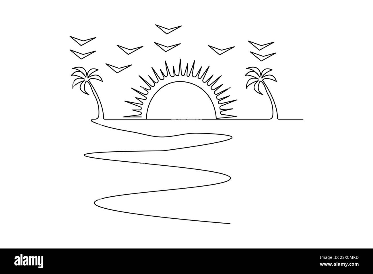 Tramonto su una linea di un'icona vettoriale minimalista con sfondo bianco e nero Illustrazione Vettoriale