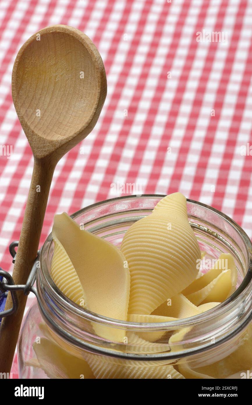 Conchiglione in vaso di vetro con cucchiaio da cucina, varietà di pasta italiana Foto Stock