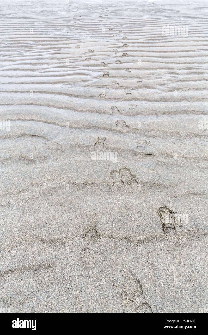 Spiaggia sabbiosa, increspature di sabbia, impronte, impronte con bassa marea, dimensioni complete, Sennen Cove, Whitesand Bay, Cornovaglia, Inghilterra, Gran Bretagna Foto Stock