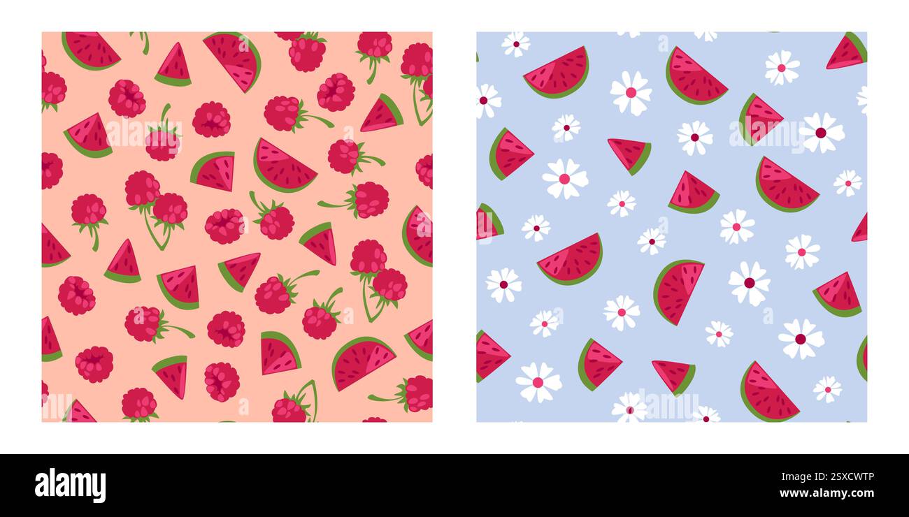 Motivi estivi senza cuciture con succose fette di anguria e lamponi maturi sparsi tra fiori selvatici bianchi sullo sfondo blu. Frutta fresca per tessuti, accessori da cucina, imballaggi. Illustrazione Vettoriale